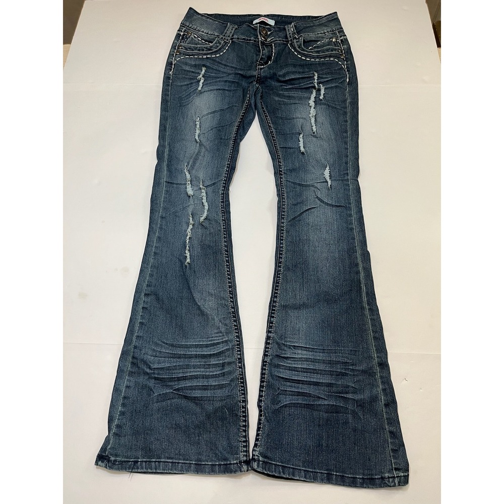 Bongo Flare Jeans Womens 7 Dark Wash Excellent Distressed Contrast Stitch Y2K